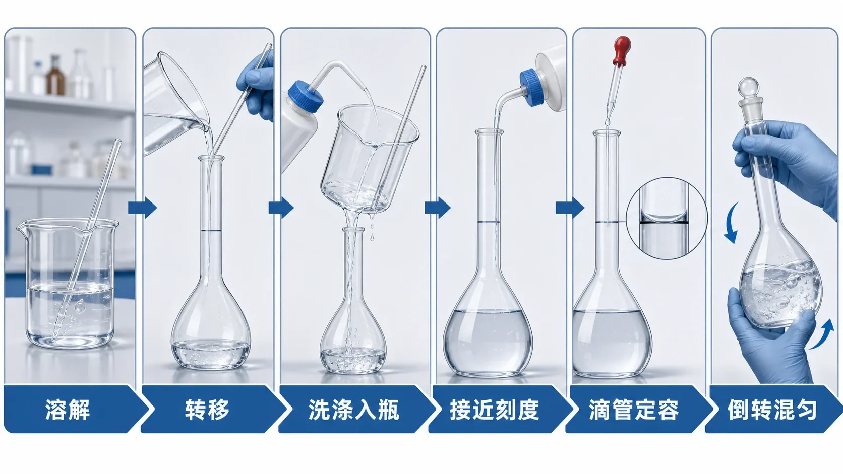容量瓶配制的关键阶段：溶解、转移、洗涤、接近刻度、滴定式定容和倒转混匀
