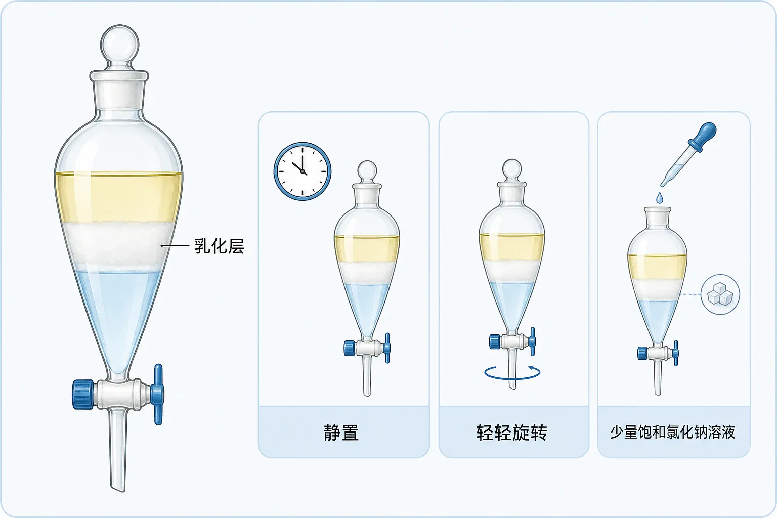 分液漏斗中乳化层与静置、轻缓旋转、在适用时加少量饱和氯化钠溶液等处理思路示意图