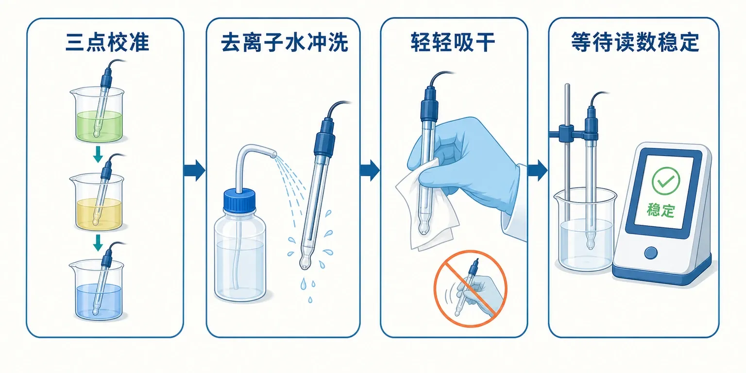 pH计校准、冲洗轻吸与稳定读数的规范操作流程