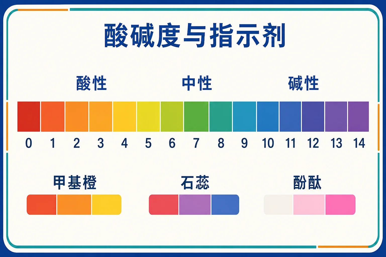 pH刻度、酸碱区域与常见指示剂变色范围的实验示意