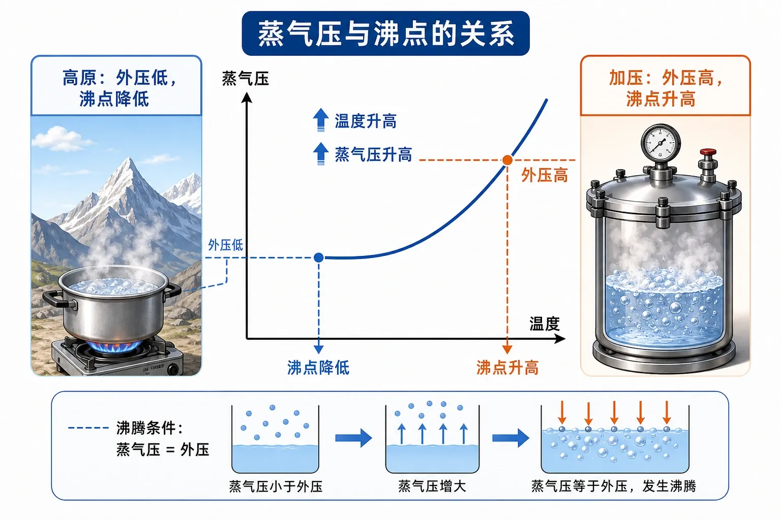 蒸气压随温度与外压改变而影响沸点的示意