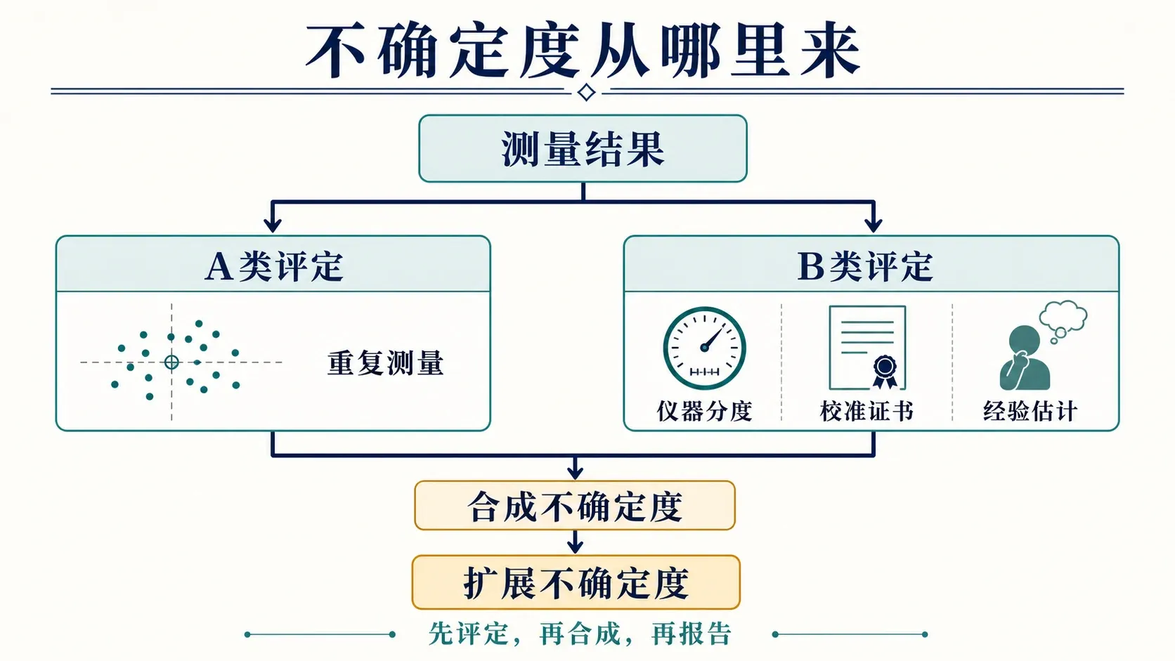 从重复性、校准、分辨力与环境条件追溯不确定度来源,并合成为报告值
