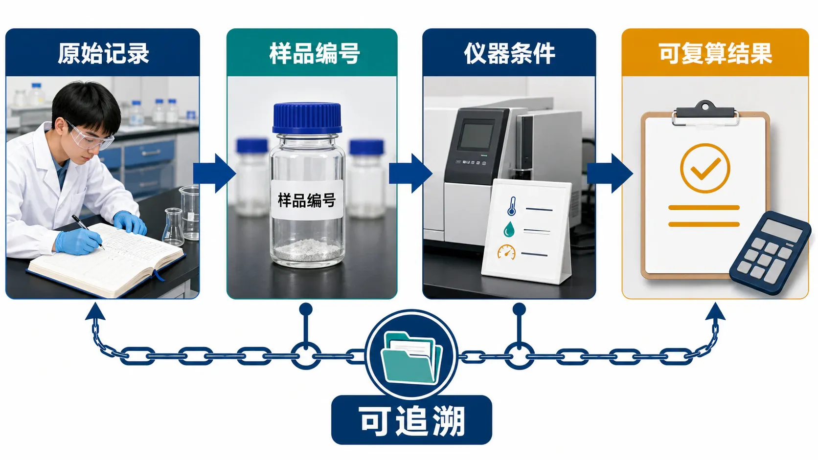 从样品编号、原始读数到计算表和结论的可追溯数据链