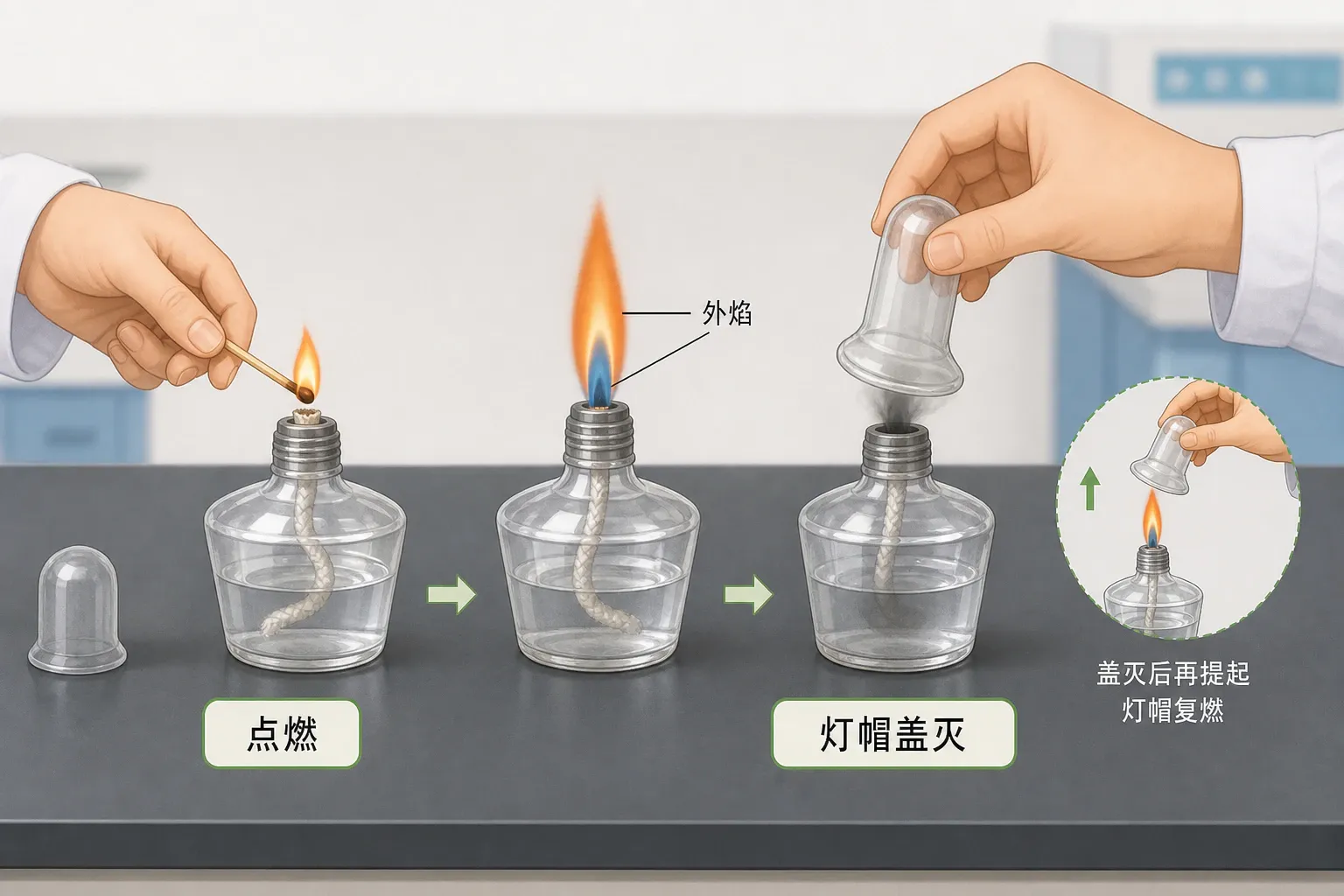 酒精灯用火柴点燃、用灯帽盖灭的规范操作教学插图