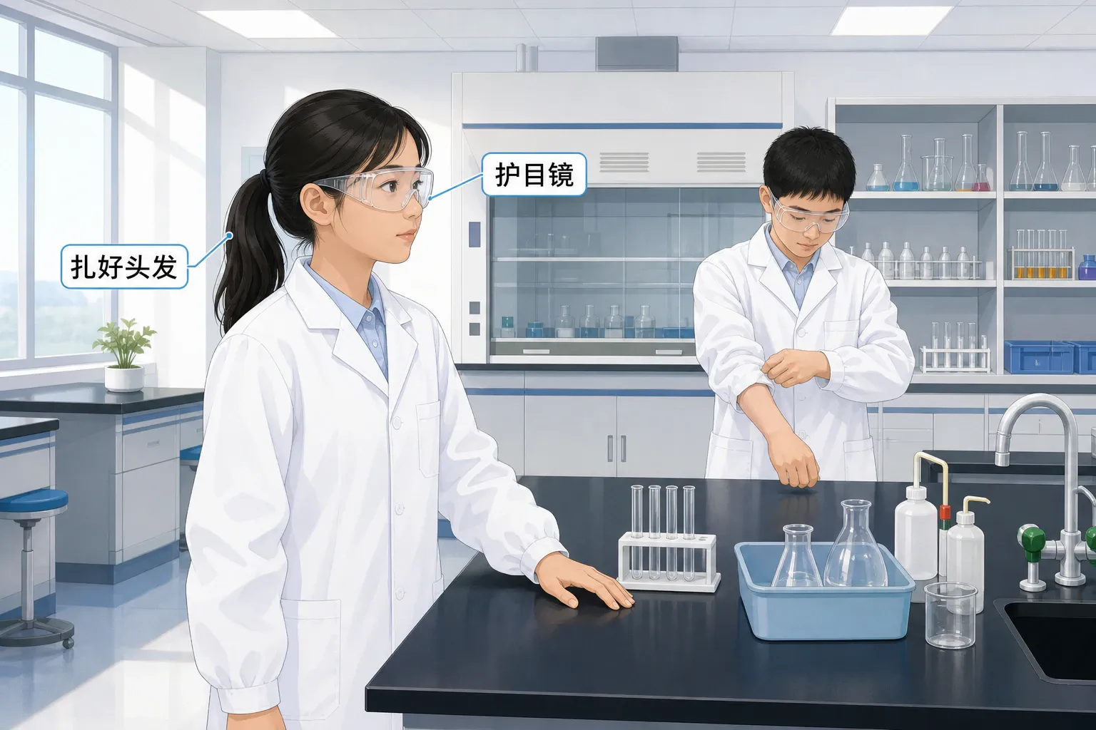进入实验室前,学生整理长发、佩戴护目镜并阅读实验步骤的教学插图