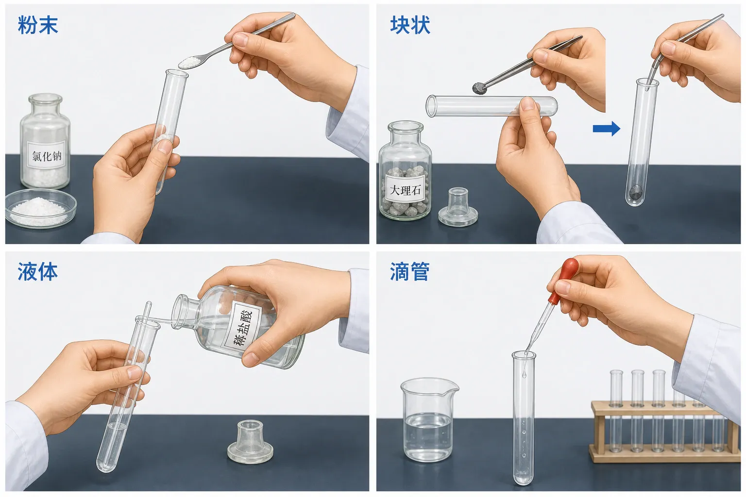 向试管中规范加入粉末、颗粒固体和少量液体的操作对比教学插图