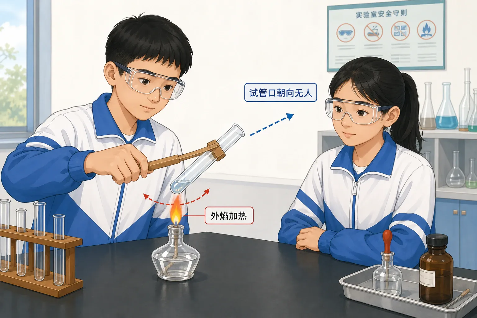 用酒精灯外焰加热试管内液体,试管口避开人员的教学插图