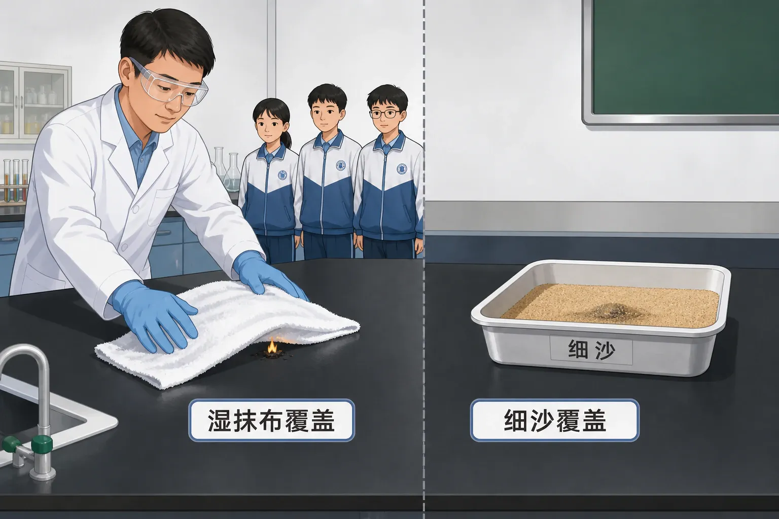 实验室突发小火时,学生远离危险源并由教师组织用湿抹布覆盖处理的教学插图