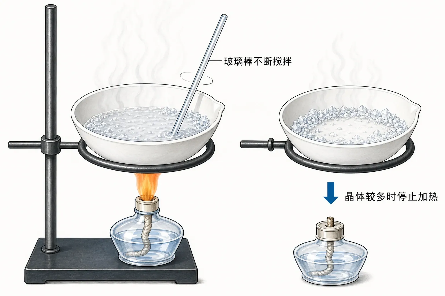 蒸发皿中搅拌防飞溅并利用余热蒸干的操作示意图