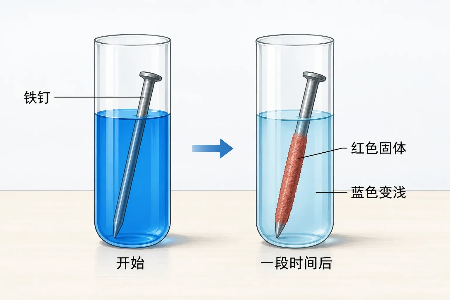 铁钉浸入硫酸铜溶液后表面出现红色固体、蓝色逐渐变浅