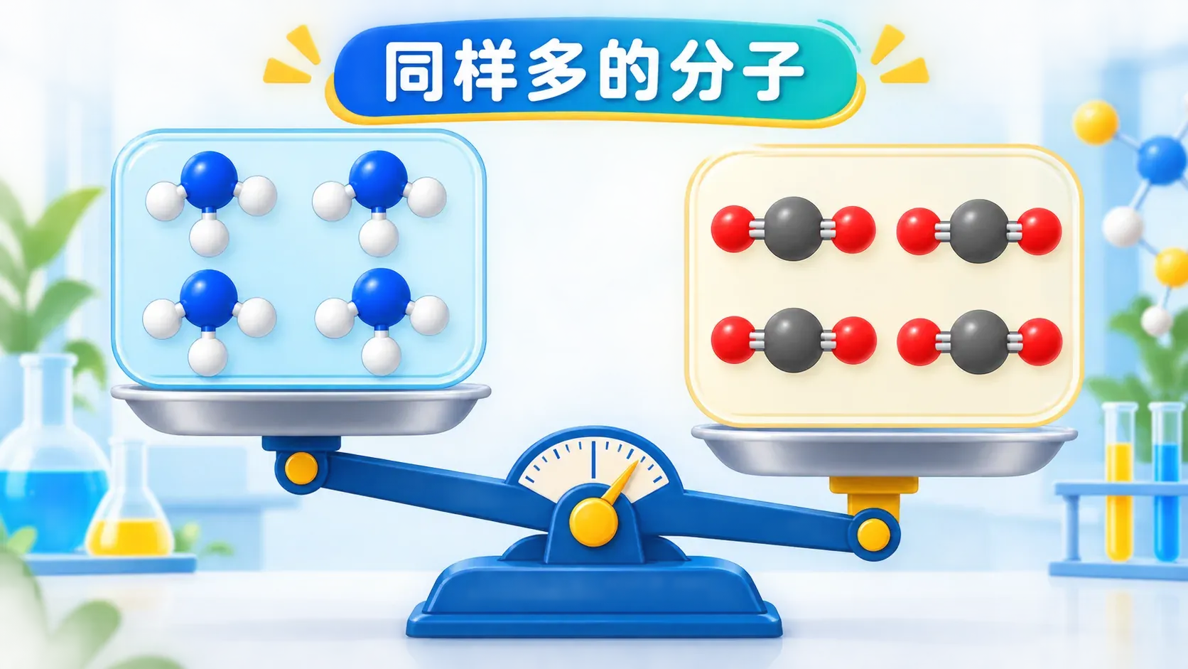 同样多的氨分子和二氧化碳分子质量不同的对比示意图