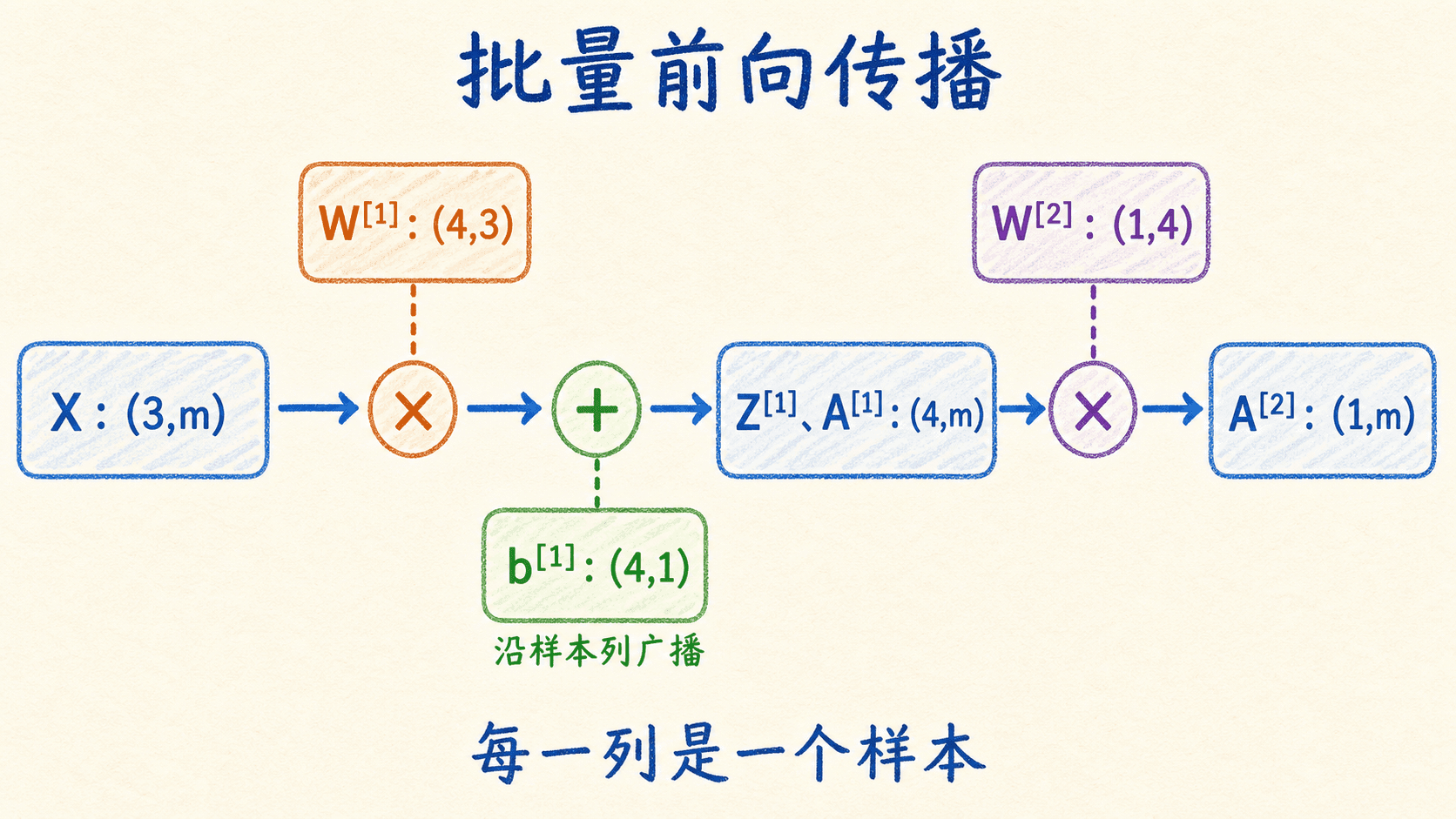 批量前向传播的矩阵乘法与广播过程