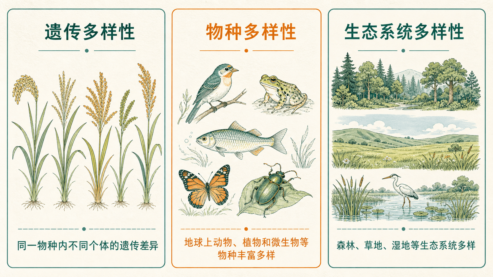 遗传多样性、物种多样性和生态系统多样性三个层次的示意图