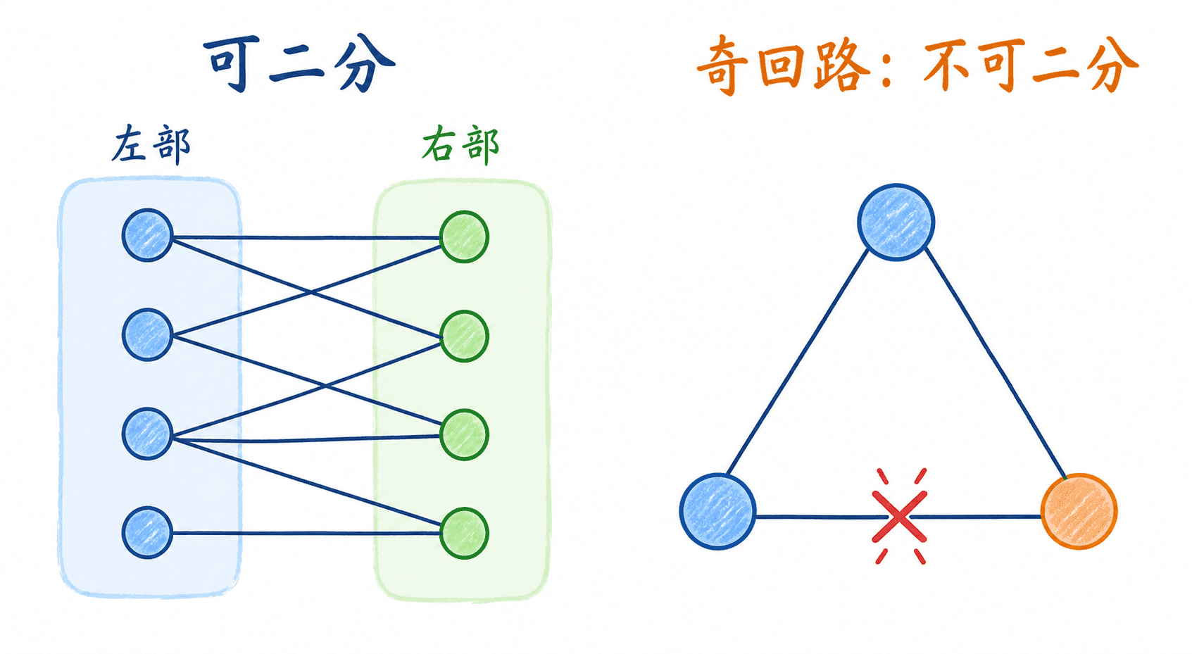 中文手绘二分图判定图,左侧展示边只跨越左右两部的可二分图,右侧展示三角形奇回路在二染色时产生同色边冲突