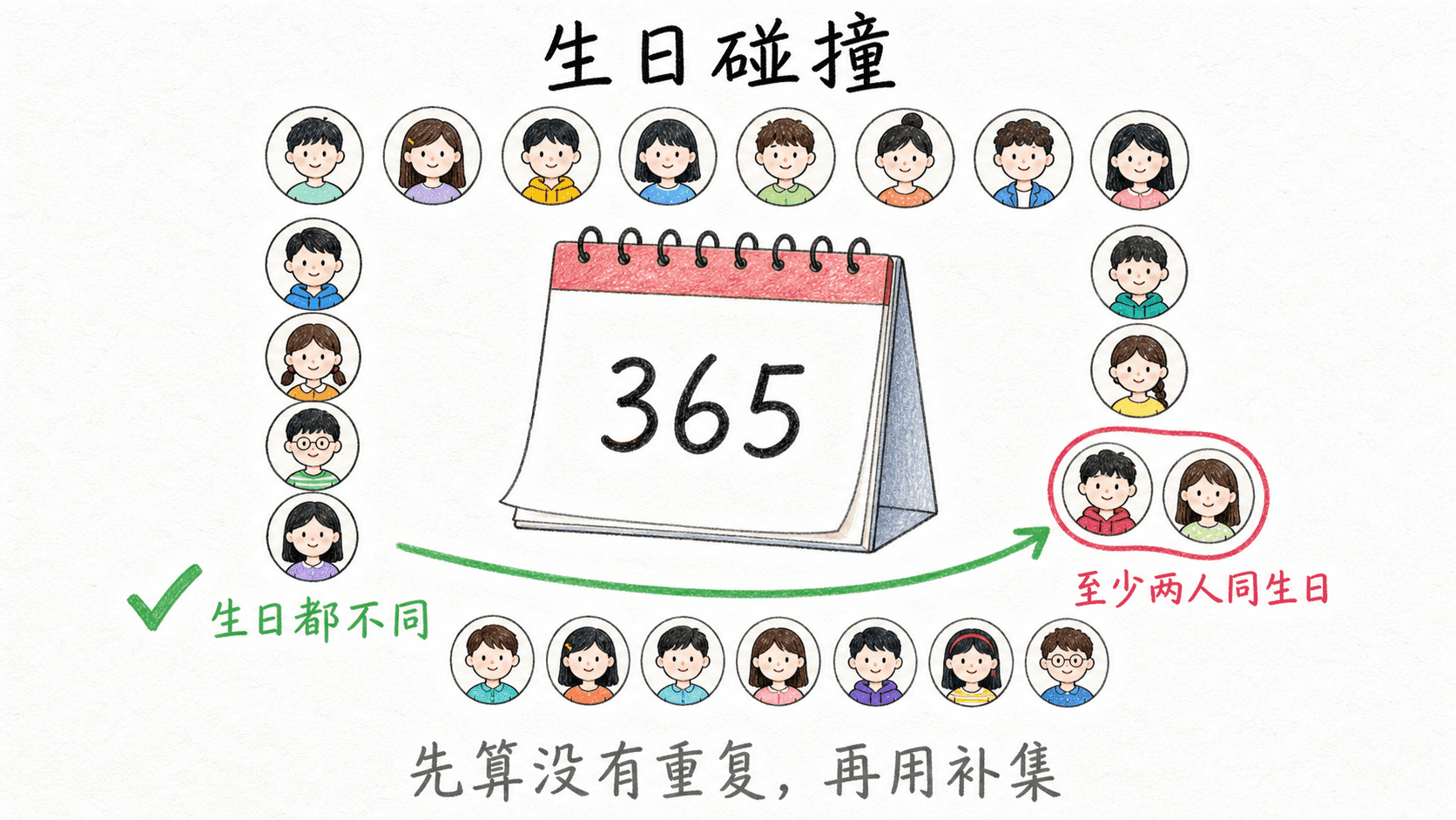 生日问题先数生日全不同,再通过补集得到碰撞概率