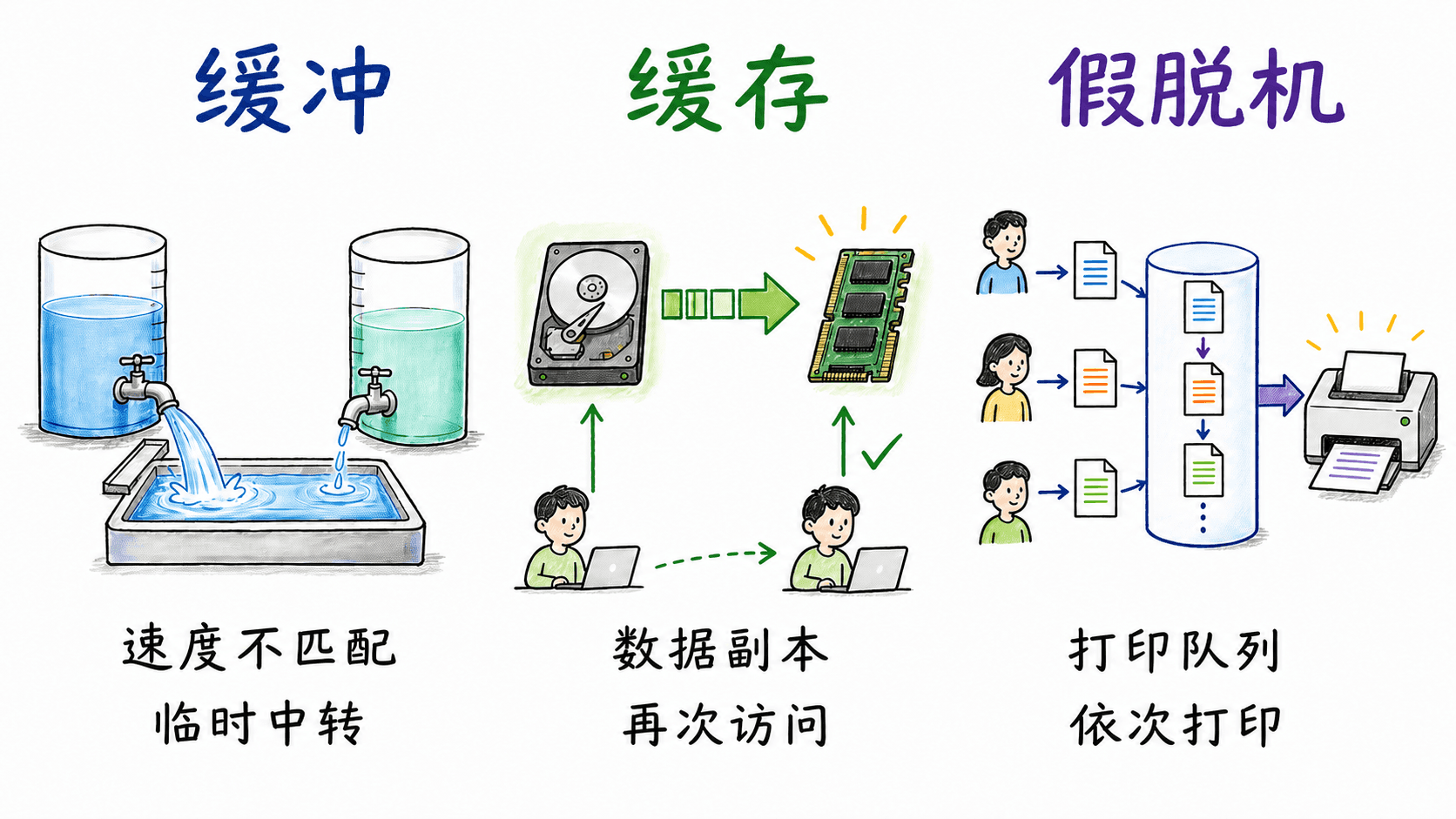 缓冲、缓存与假脱机三种机制图解,使用水流中转、数据副本和打印队列说明各自用途