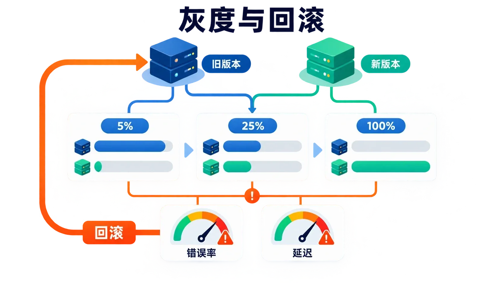 新旧版本并存、流量从 5% 扩大到 25% 再到 100%,指标越线即回滚的灰度发布