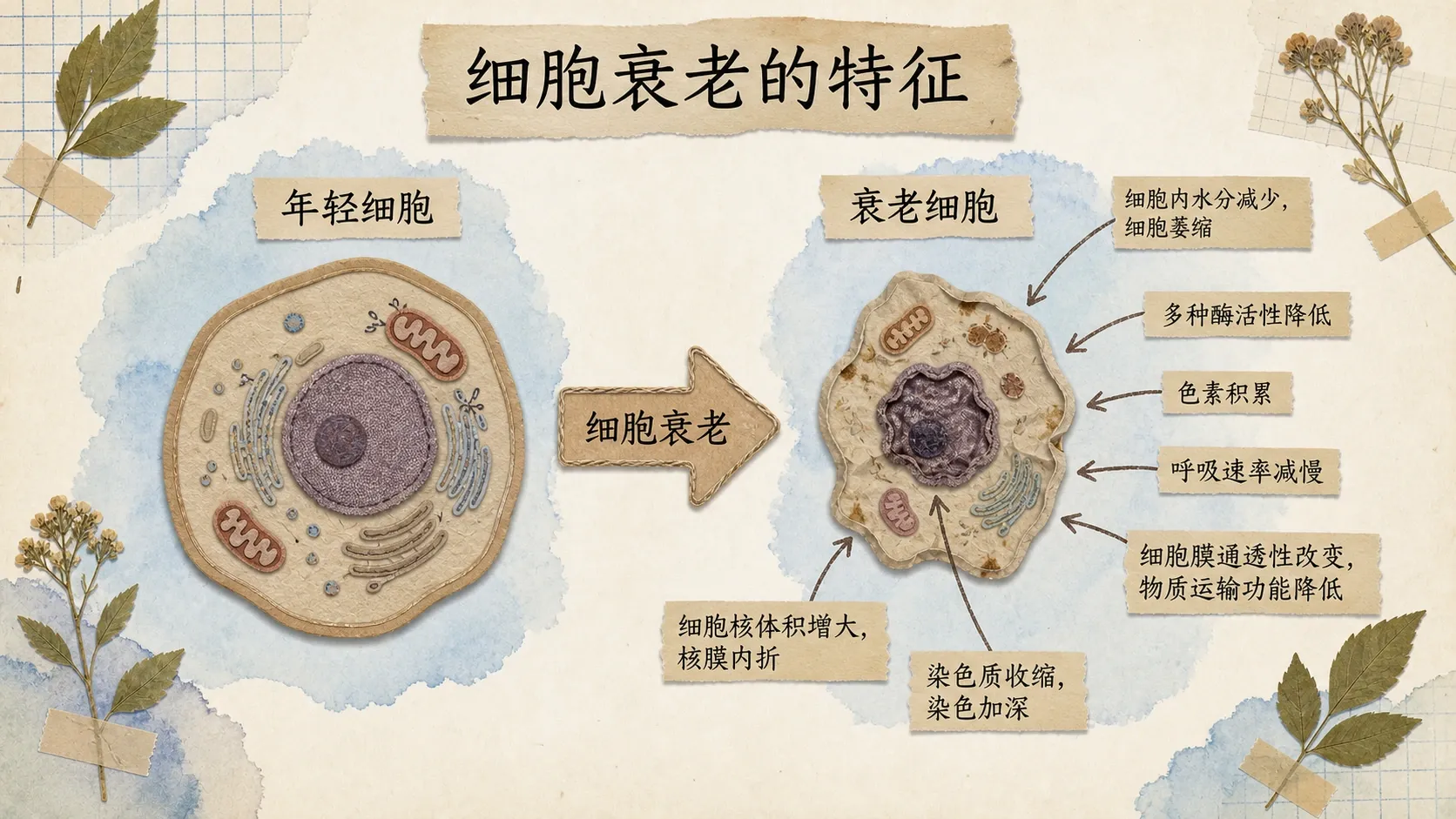 细胞衰老时水分、酶活性、色素、细胞膜和细胞核变化的示意图