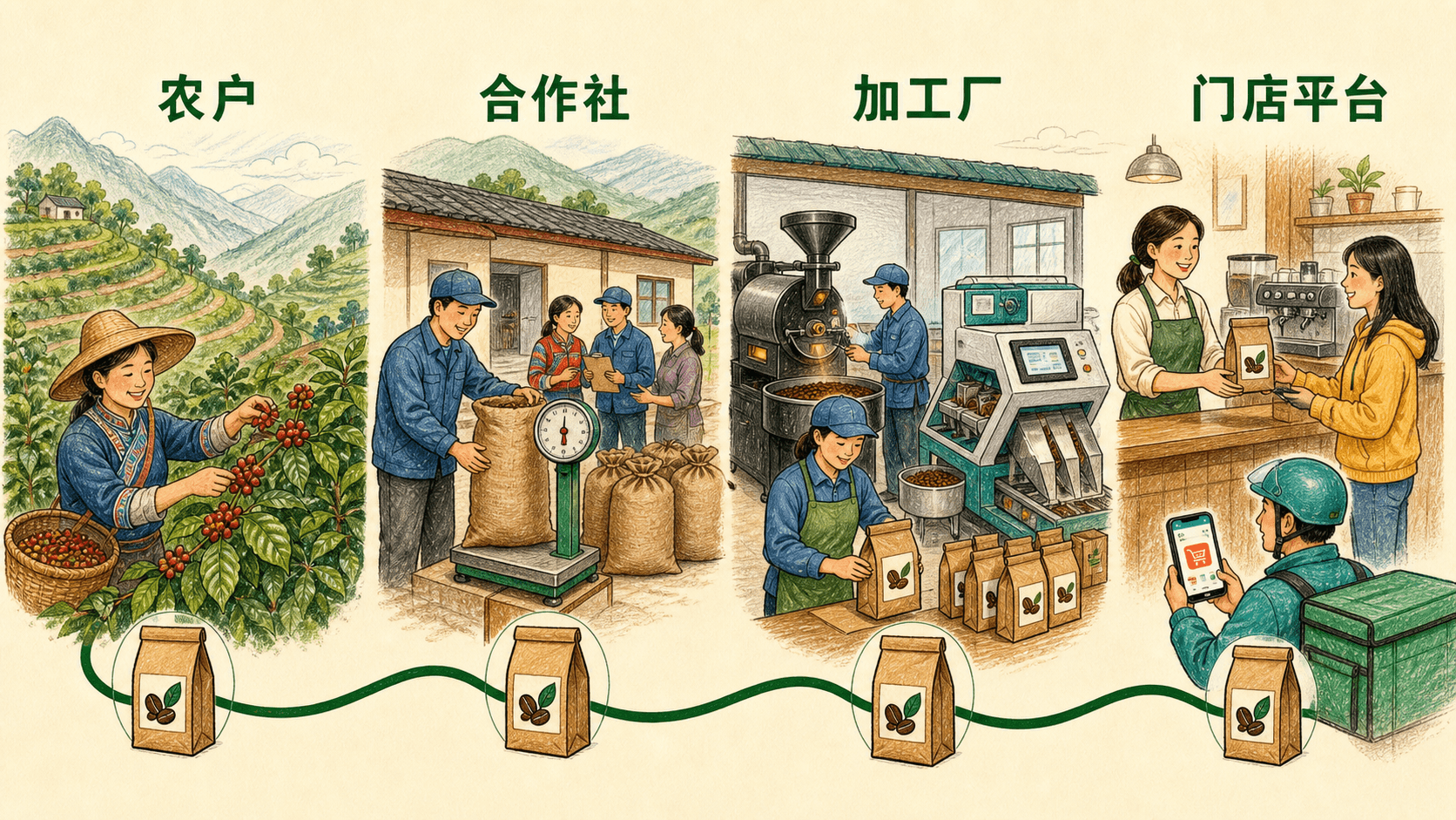 课程插图:章节开场:一杯咖啡从山地农户、合作社、加工厂到城市门店的平台链条示意,突出同一商品连接的多人劳动与关系