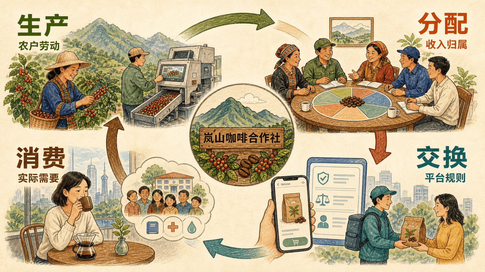 课程插图:研究对象:用四环节环形图呈现岚山咖啡的生产、分配、交换、消费,并在每一环标注对应的主体与关键问题