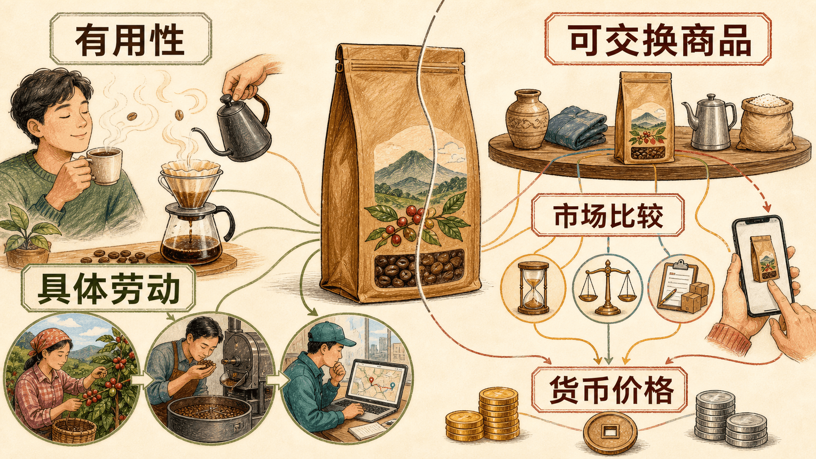 课程插图:概念图:同一包岚山咖啡豆的“有用性”与“作为可交换商品”两面,连接到具体劳动、市场比较和货币价格