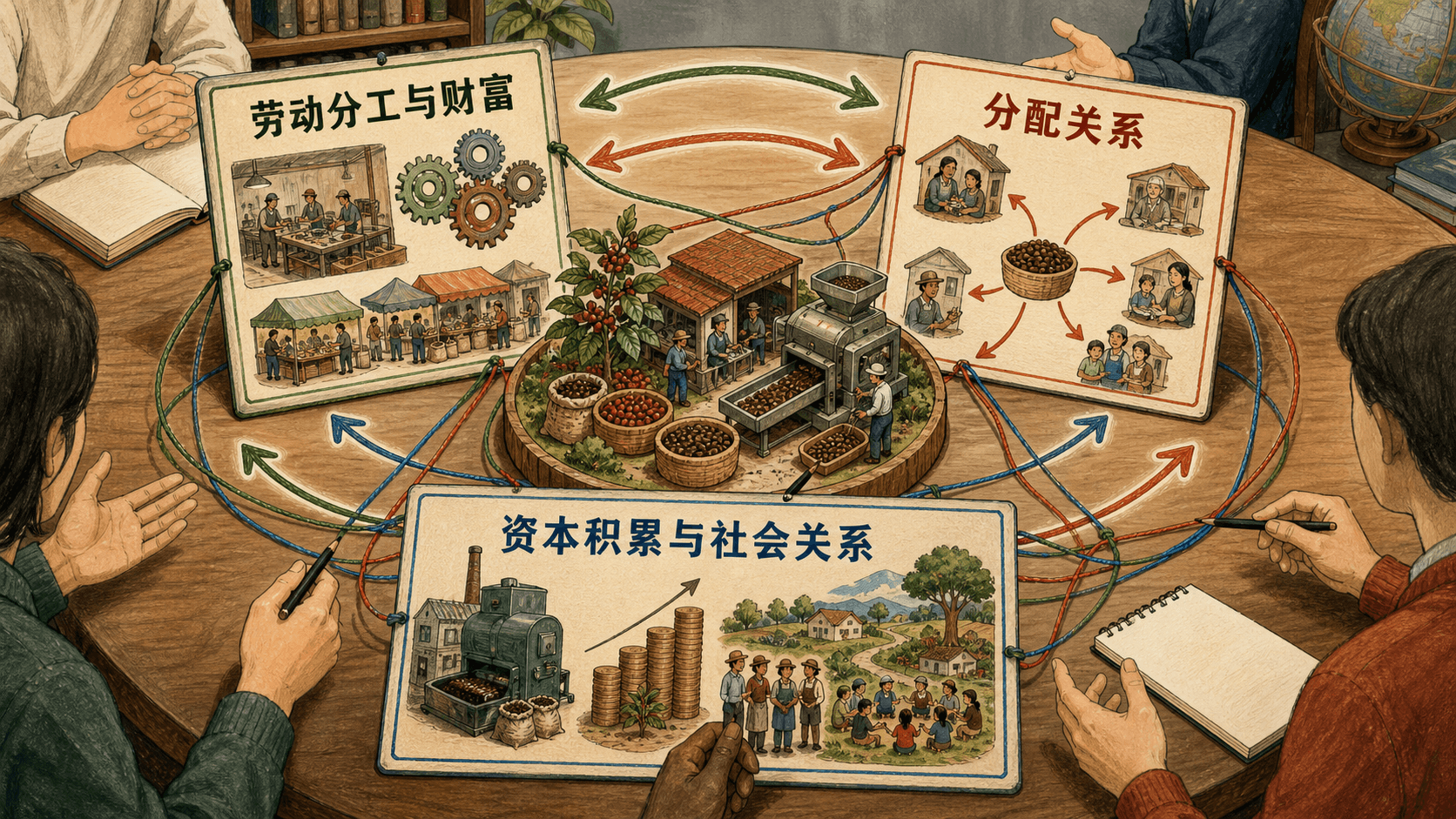 课程插图:理论史对话:以圆桌或时间脉络呈现劳动分工与财富、分配关系、资本积累与社会关系三组持续追问,避免人物肖像和单向进步叙事