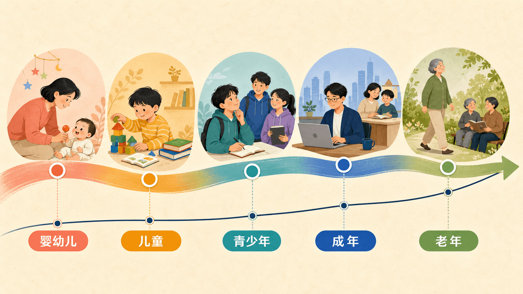 一条从婴儿到老年的彩色生命轨迹,呈现语言、学习、工作与陪伴的变化