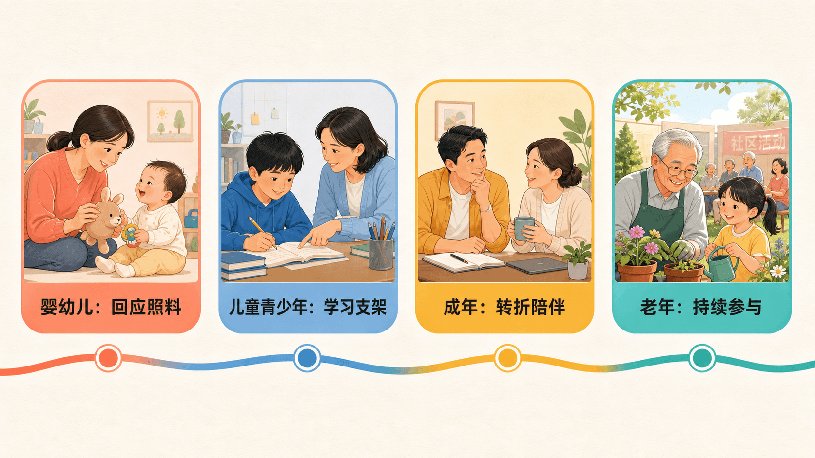 四个生命阶段的支持窗口,展示回应照料、学习支架、转折陪伴与老年参与