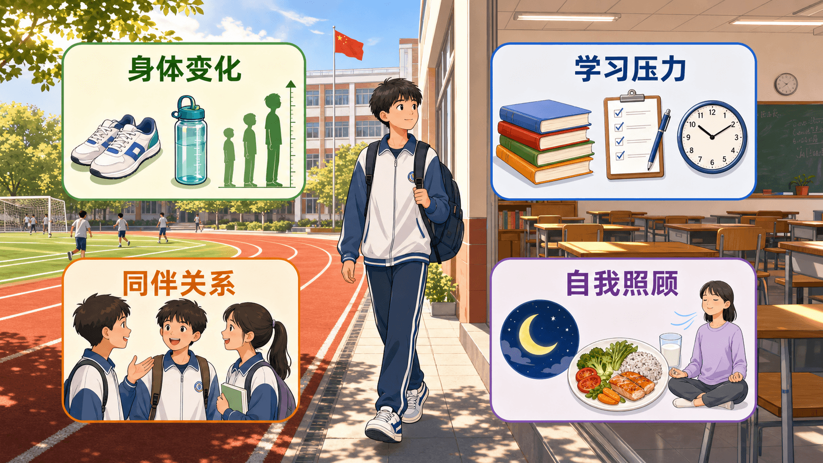 林澈在校园操场与教室之间经历多重变化的青春期主题信息图