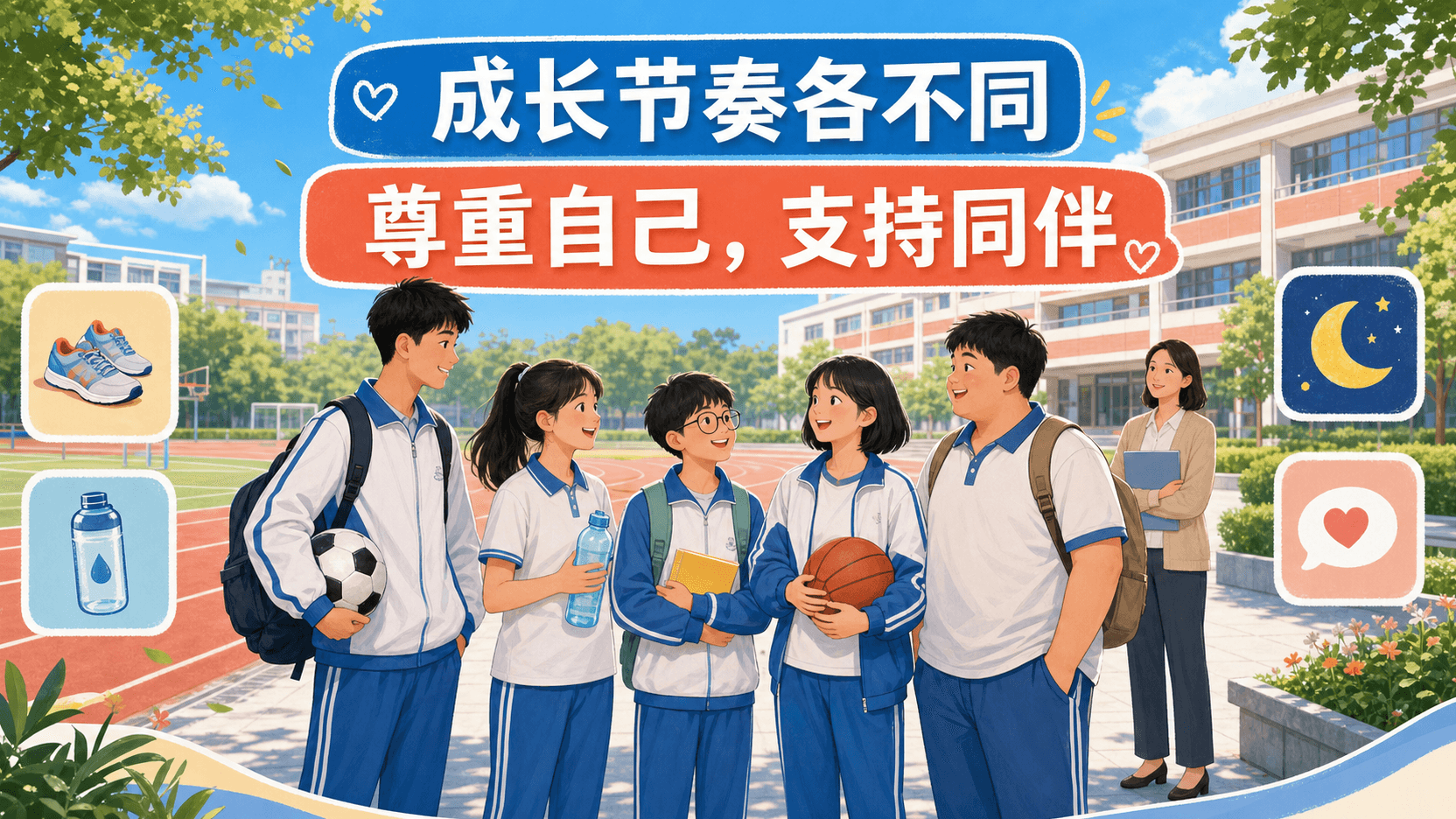 多样身高体型与积极自我接纳的校园同伴信息图