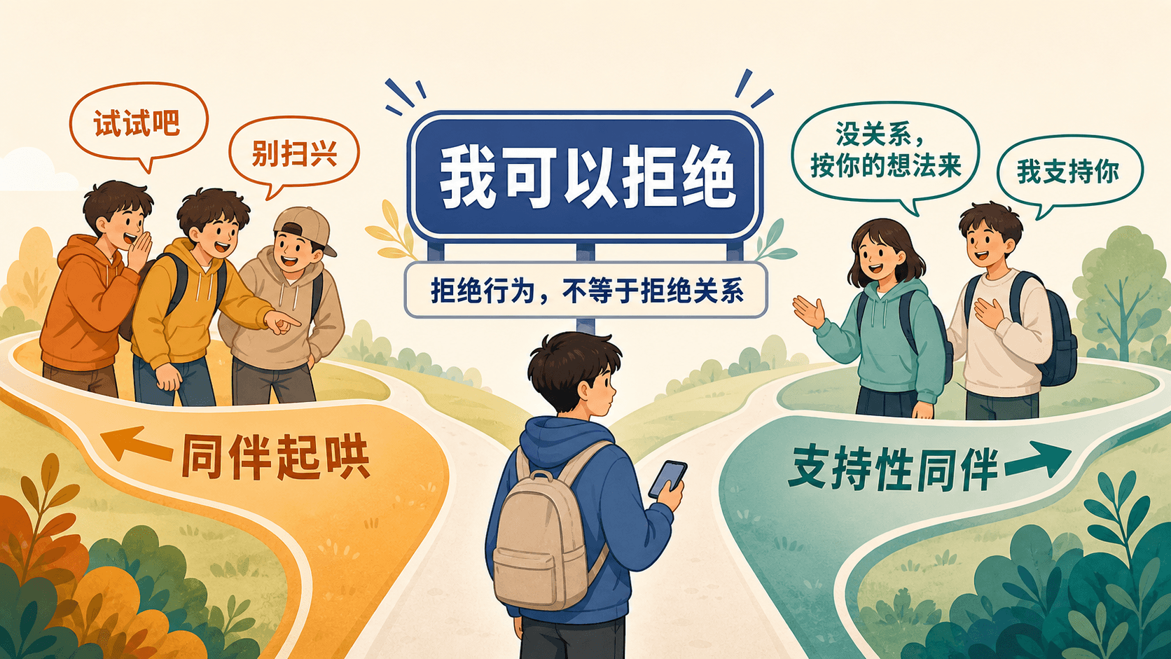 同伴起哄与支持性同伴如何影响选择的分岔路径图