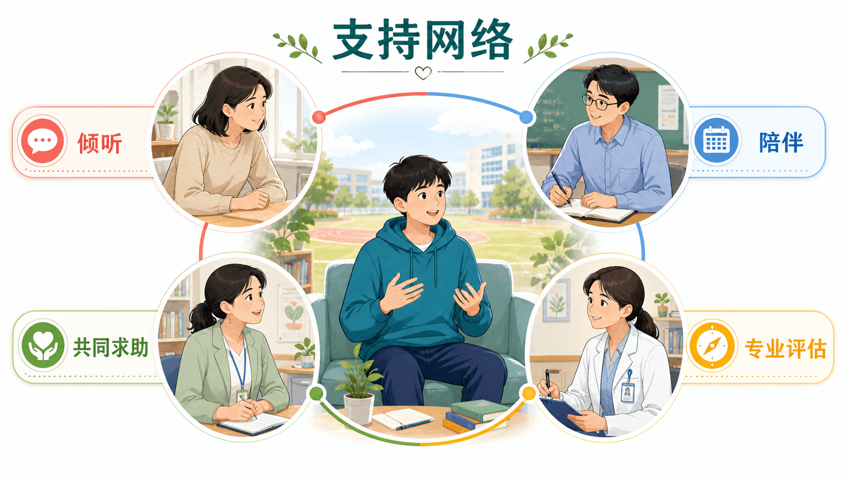青少年、家长、教师与专业人员共同构成支持网络的示意图