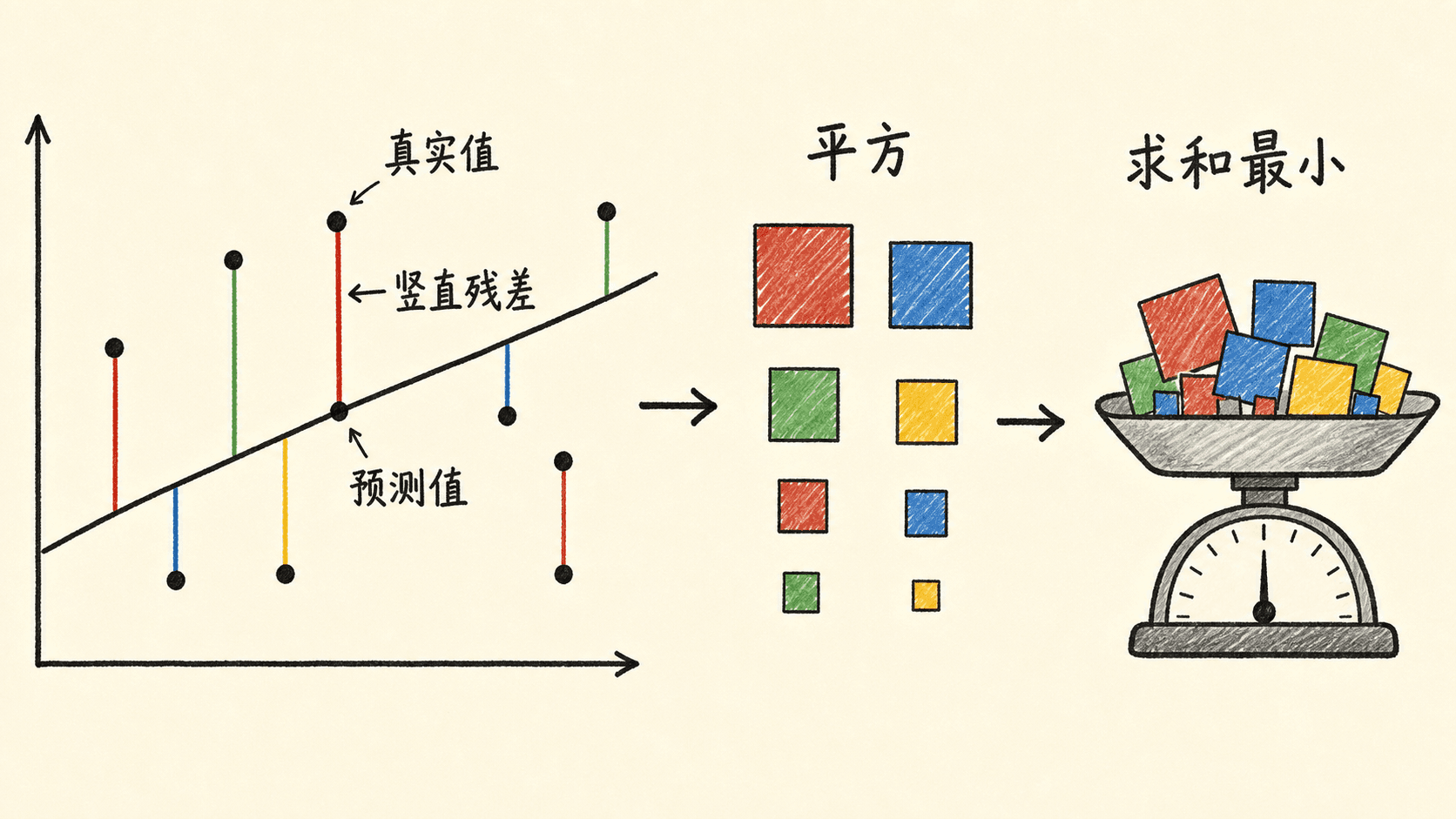 普通最小二乘将竖直残差平方后求和并寻找最小值的手绘示意图