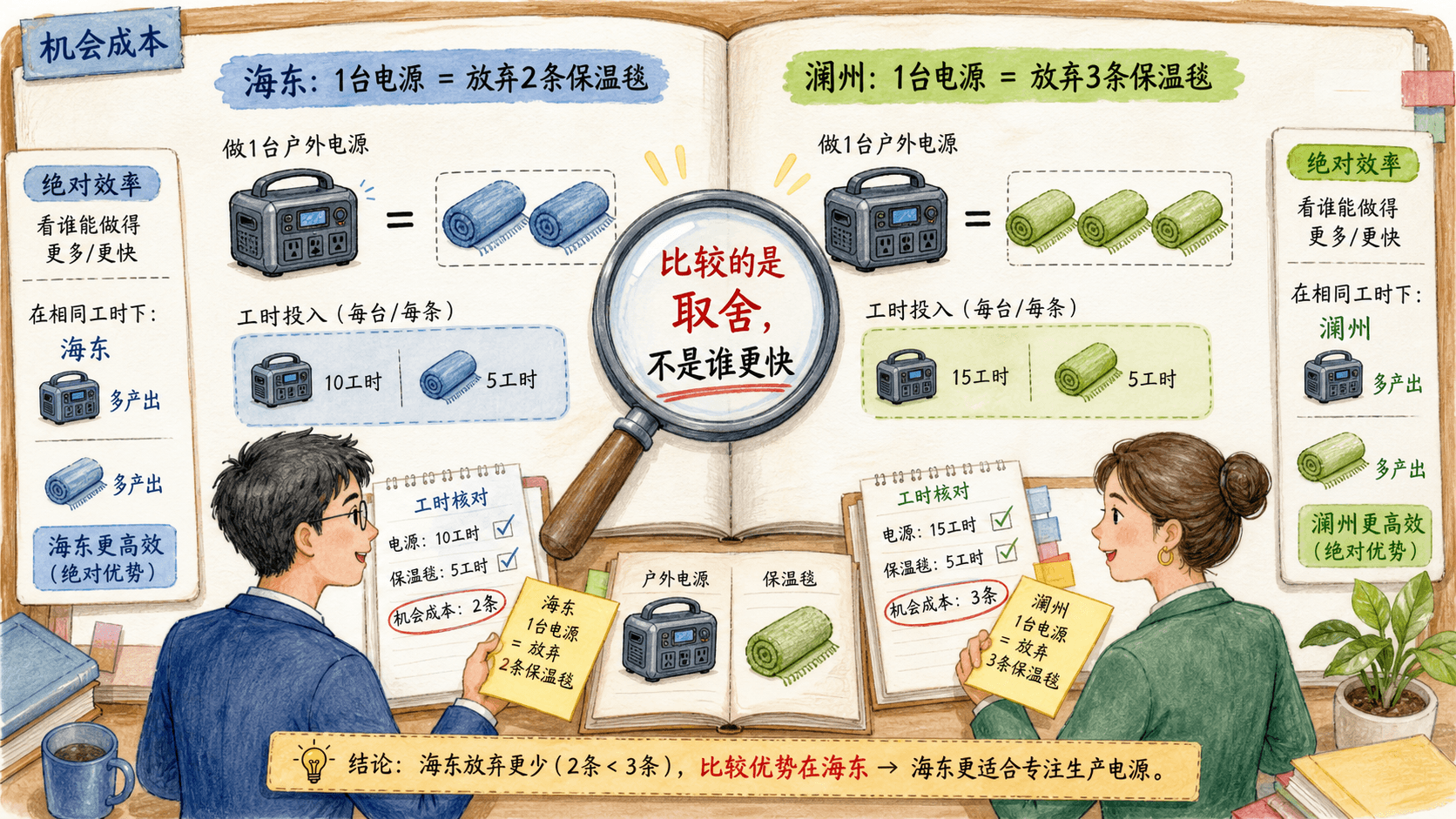 用保温毯与户外电源互相衡量机会成本的手绘示意