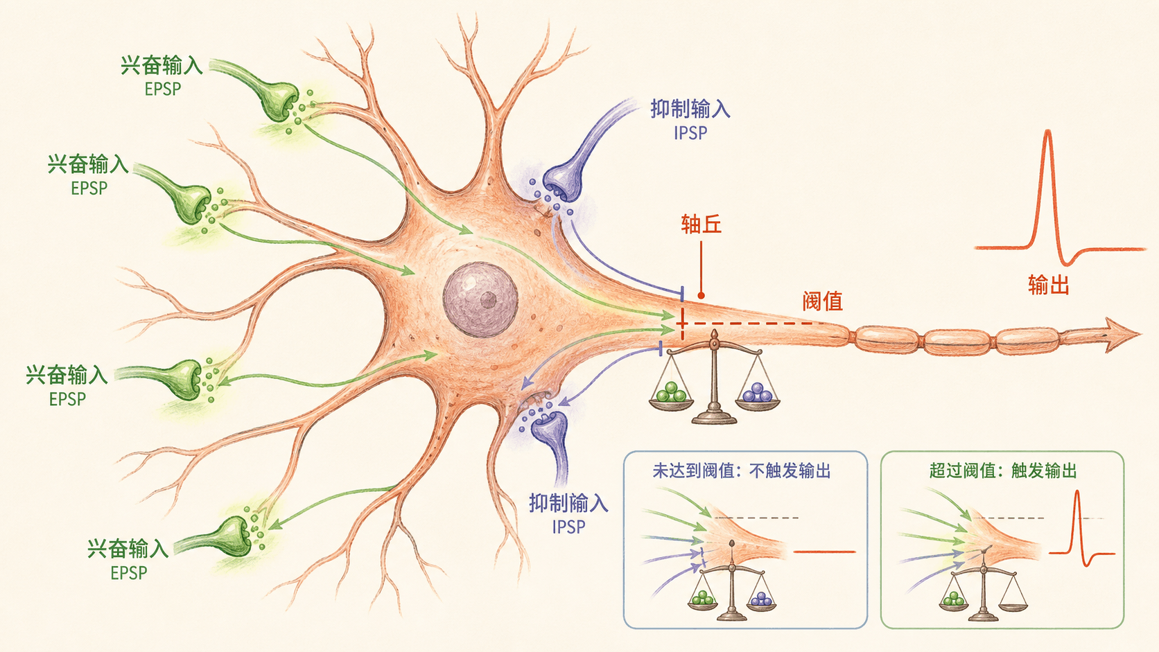 手绘生物信息图:兴奋和抑制输入在轴丘整合并决定是否输出动作电位
