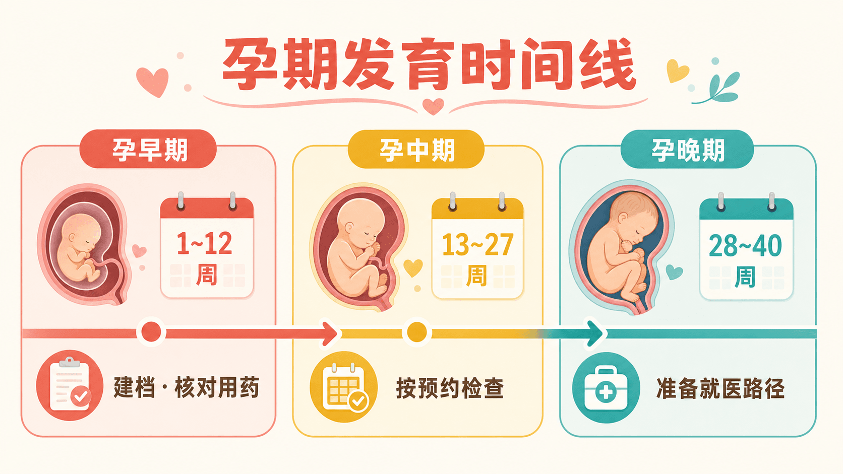 孕早期、孕中期与孕晚期的连续发育时间线及家庭行动提示