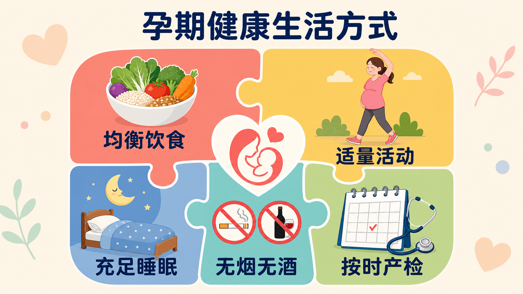 均衡饮食、适量活动、睡眠、无烟无酒与按时产检的生活方式拼图