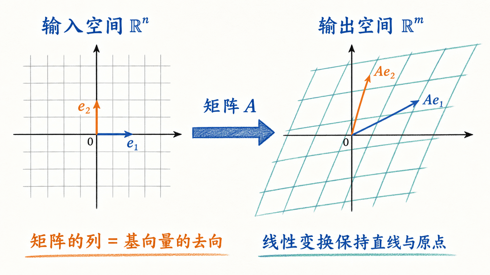 矩阵 A 将输入空间 ℝⁿ 中的基向量 e₁、e₂ 和标准网格线性变换为输出空间 ℝᵐ 中的 Ae₁、Ae₂ 及拉伸剪切网格。