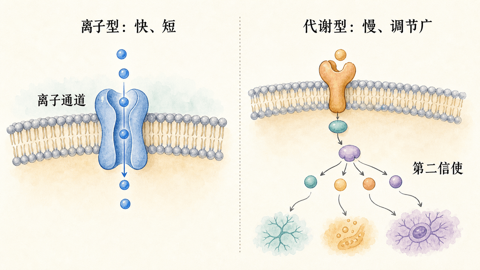 手绘生物信息图:离子型受体与代谢型受体的快慢和作用范围对比