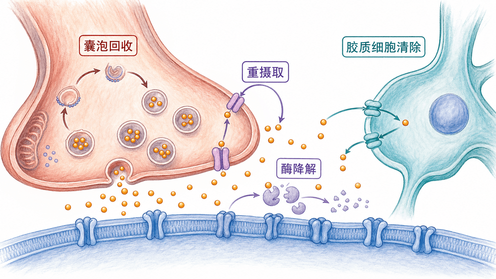 手绘生物信息图:神经递质被重摄取、胶质细胞清除和酶降解后囊泡回收