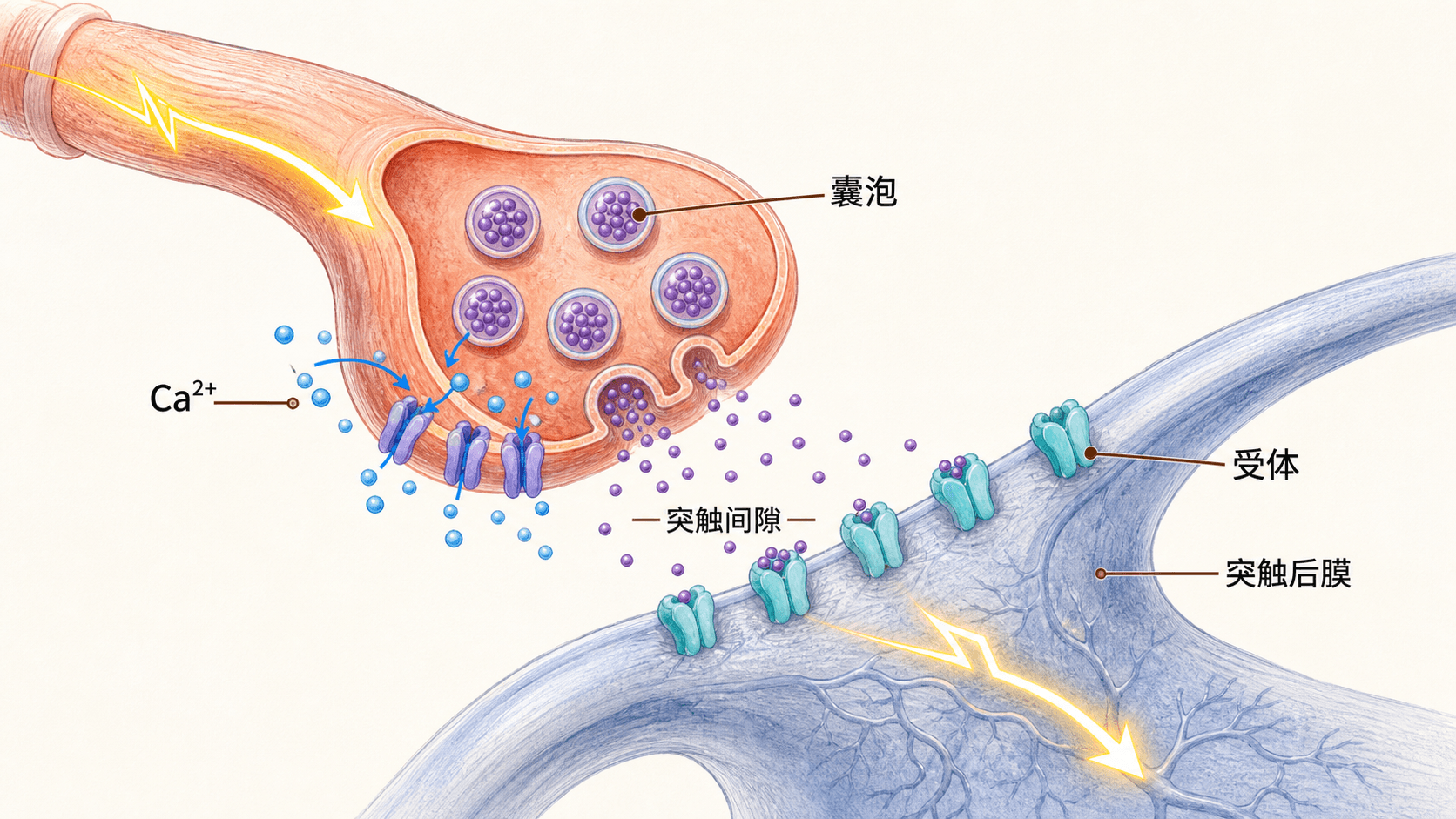 手绘生物信息图:化学突触中电信号转为化学信号,并经受体转化为离子流或细胞内信号的流程