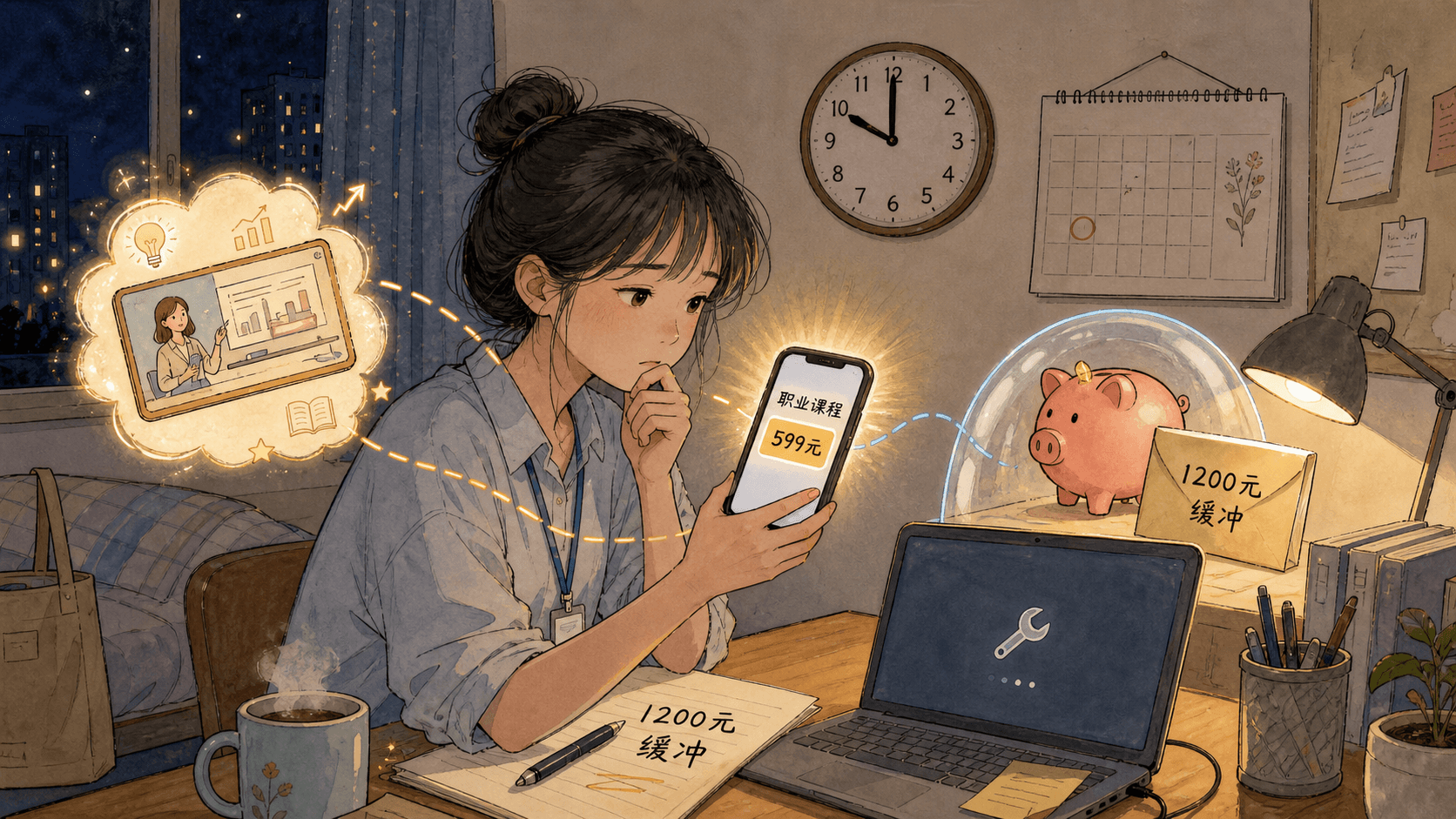 课程插图:章节开篇:深夜手机付款页、预算便笺与待维修电脑并置,表现“想买”与“不能轻易买”的张力