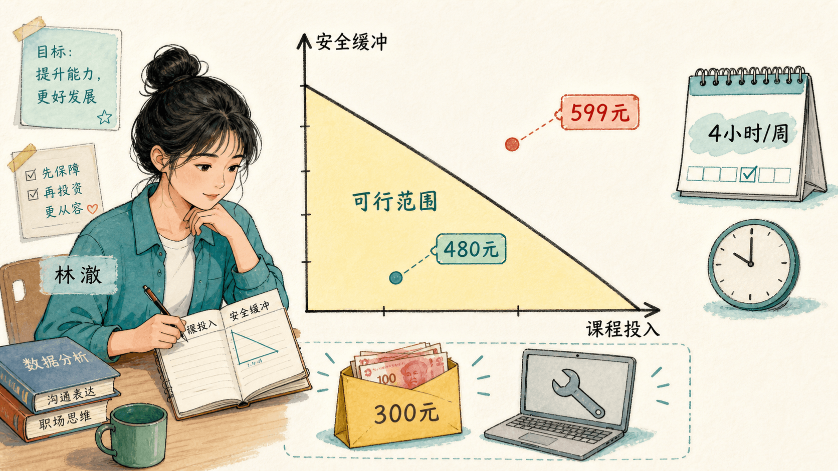 课程插图:预算约束示意:林澈的可支配金额在“课程投入”和“安全缓冲”之间形成可行区域,突出价格、收入与时间的三重边界
