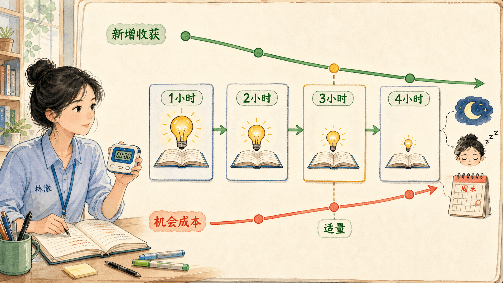 课程插图:边际思维图解:从“第一小时学习”到“第四小时学习”的新增收获逐步变小,同时机会成本逐步上升