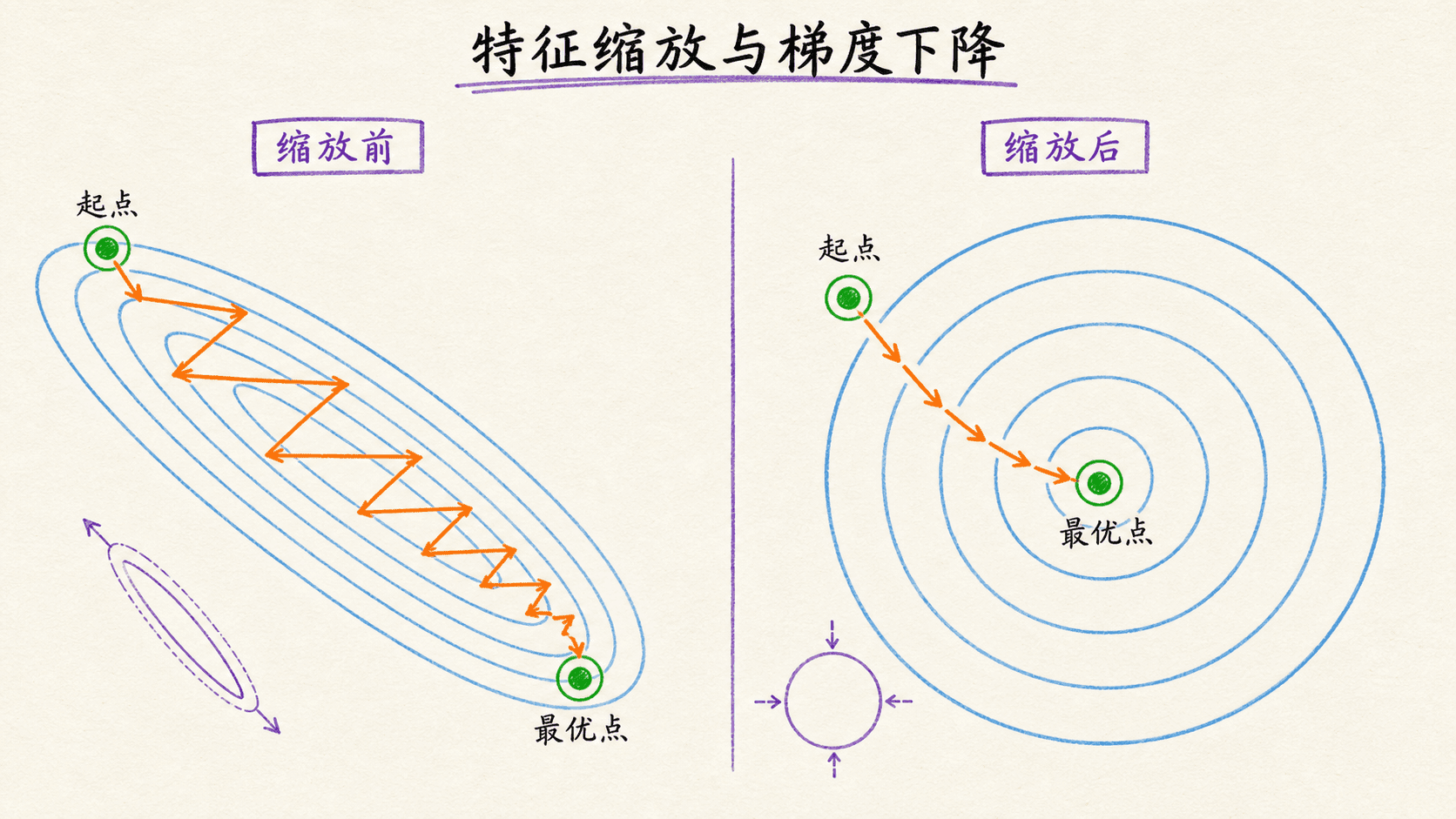 特征缩放前后梯度下降路径对比:缩放前沿狭长等高线之字折返,缩放后沿近圆等高线直接收敛至最优点