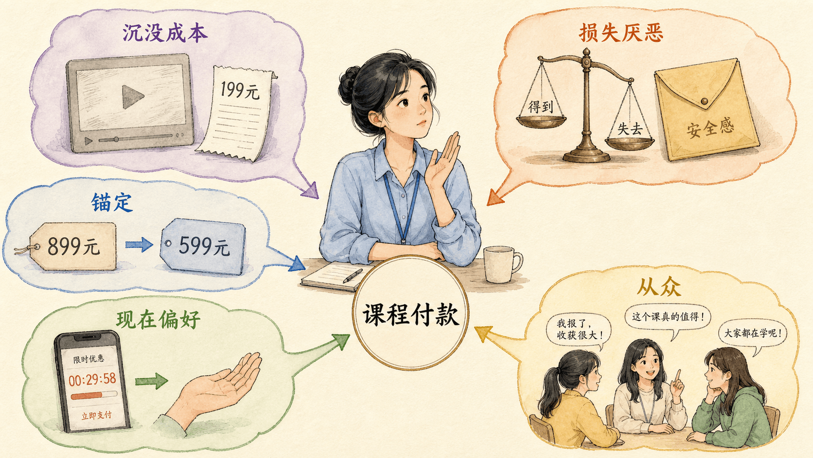 课程插图:行为偏差决策地图:把沉没成本、损失厌恶、锚定、现在偏好与从众影响连接到同一个课程付款选择
