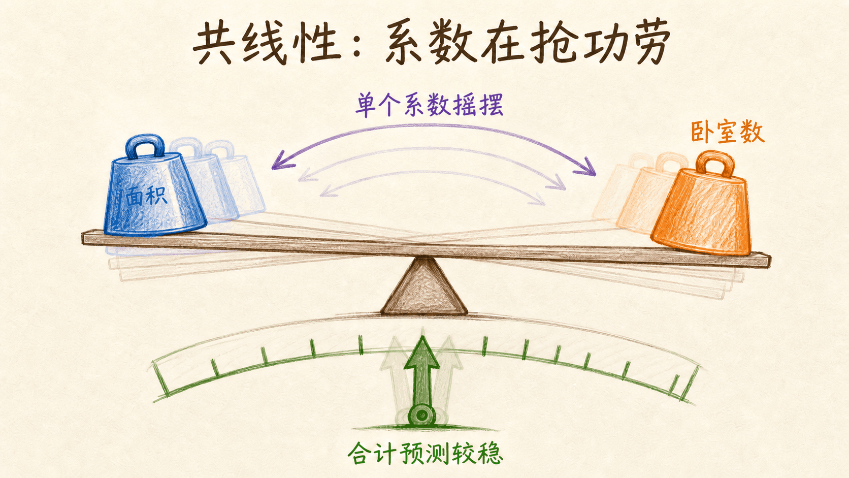 共线性下面积与卧室数特征在跷跷板上争夺系数权重,而合计预测刻度保持较稳的示意图