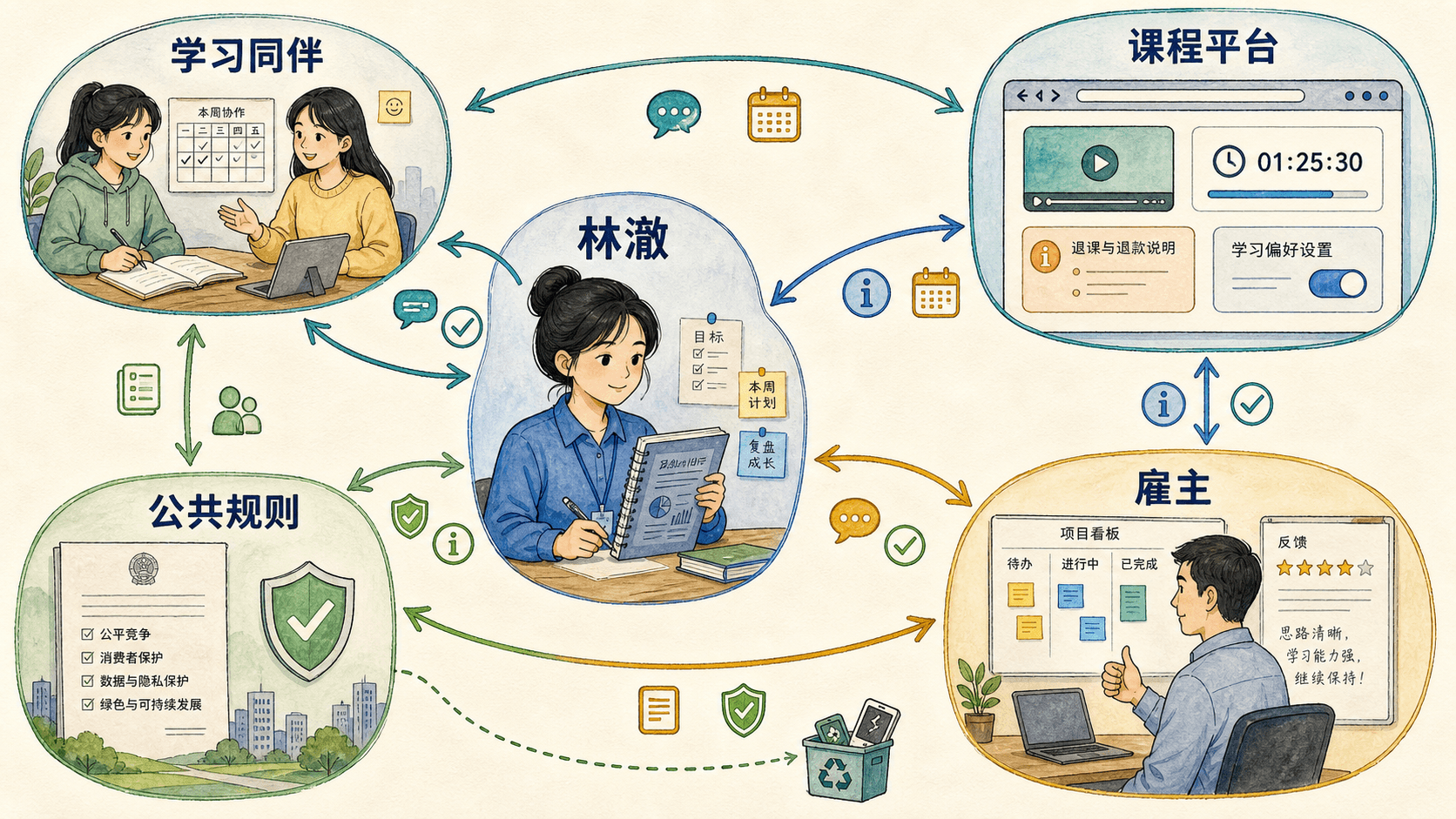 课程插图:从个人选择到系统:林澈、学习同伴、课程平台、雇主与公共规则之间的影响网络示意