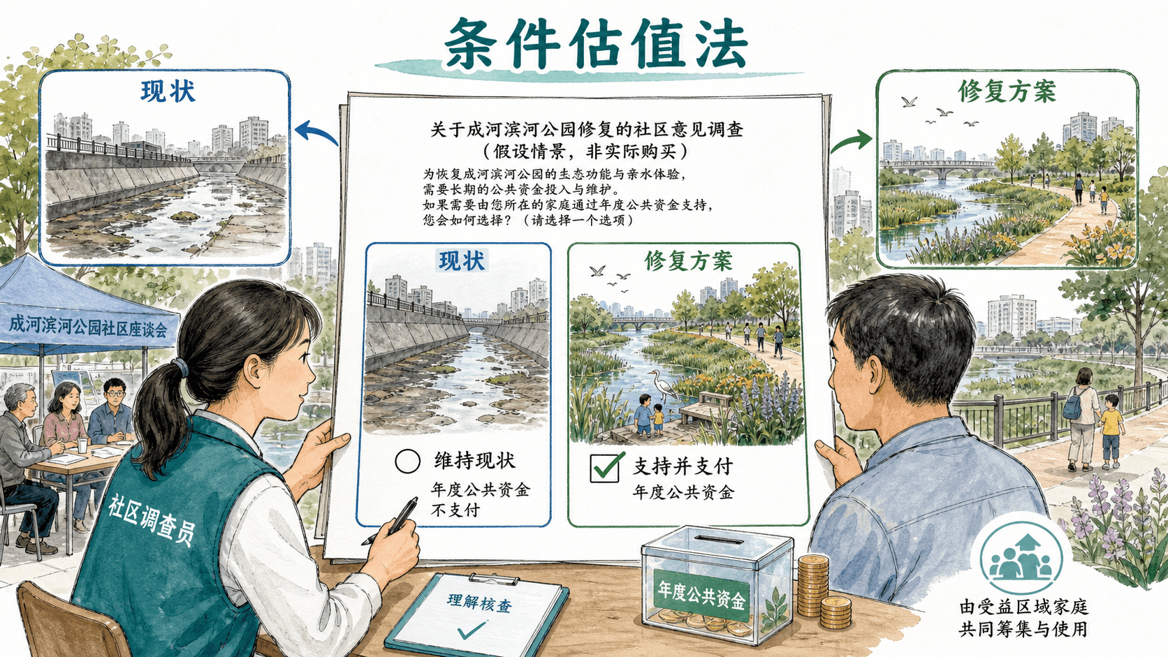 居民面对澄河修复方案与年度公共资金支付选择的条件估值调查手绘图
