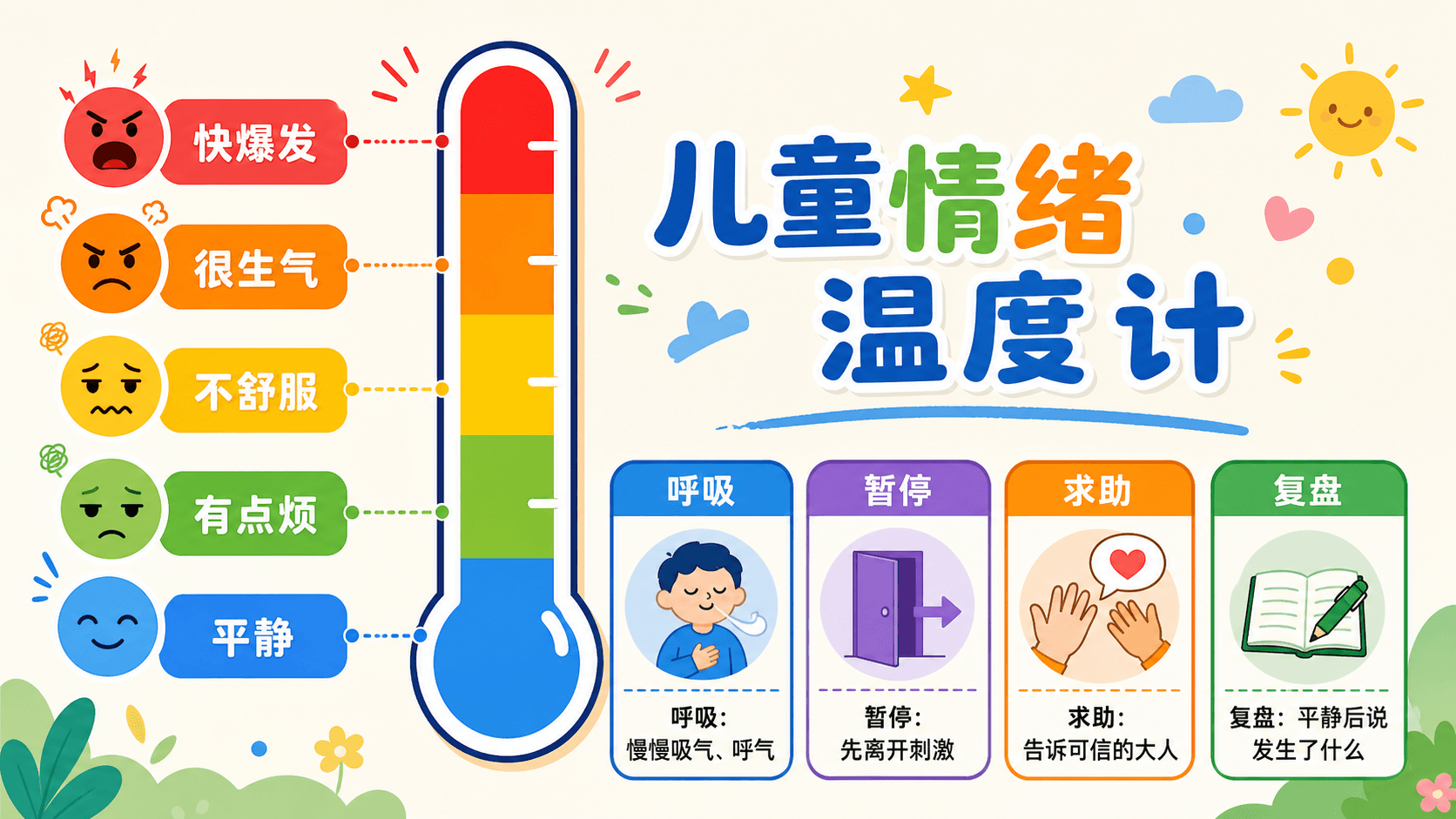 儿童情绪温度计与呼吸、暂停、求助、复盘行动提示
